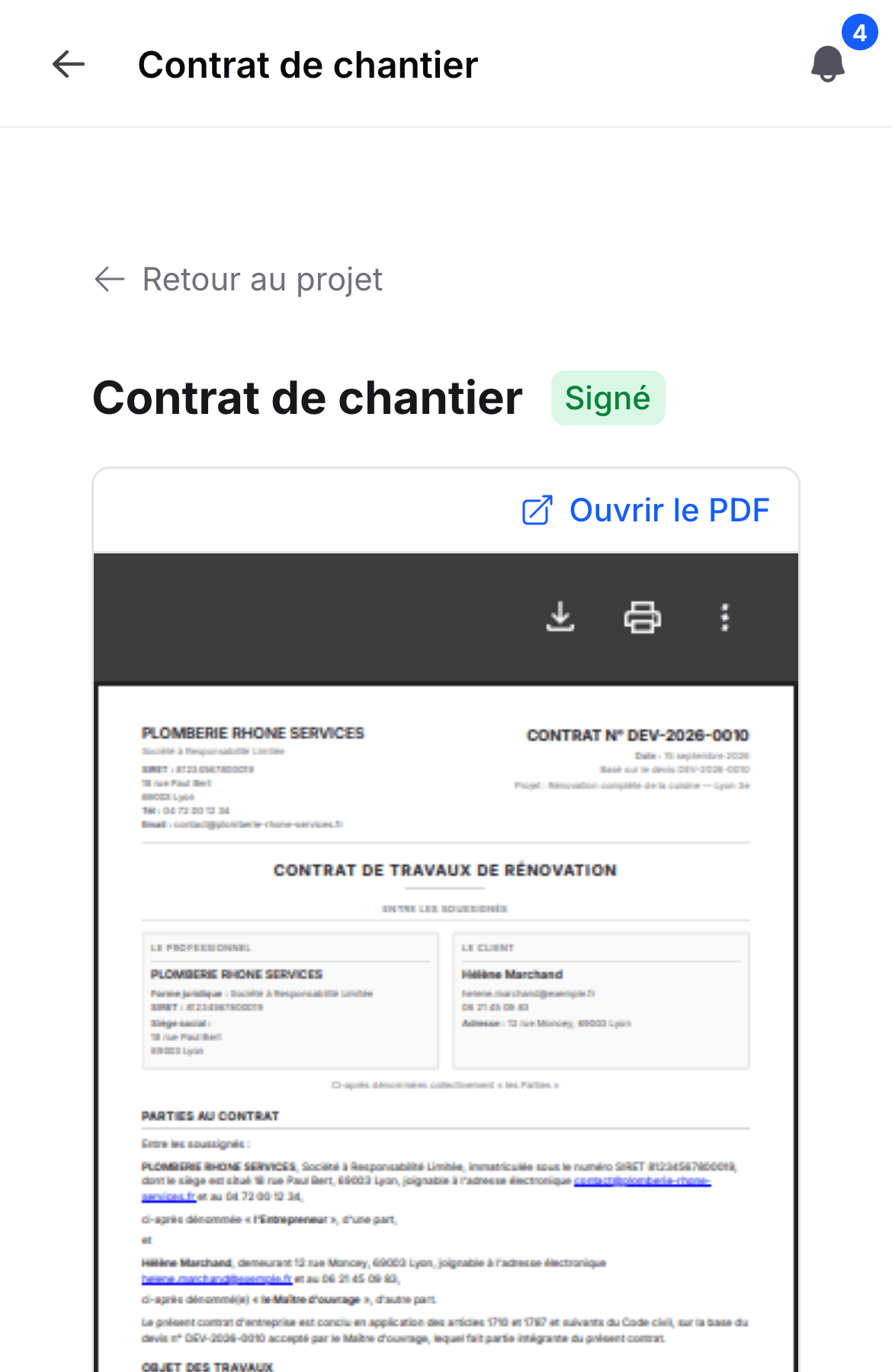 Écran du contrat de chantier : le statut « Signé » et le contrat en PDF.