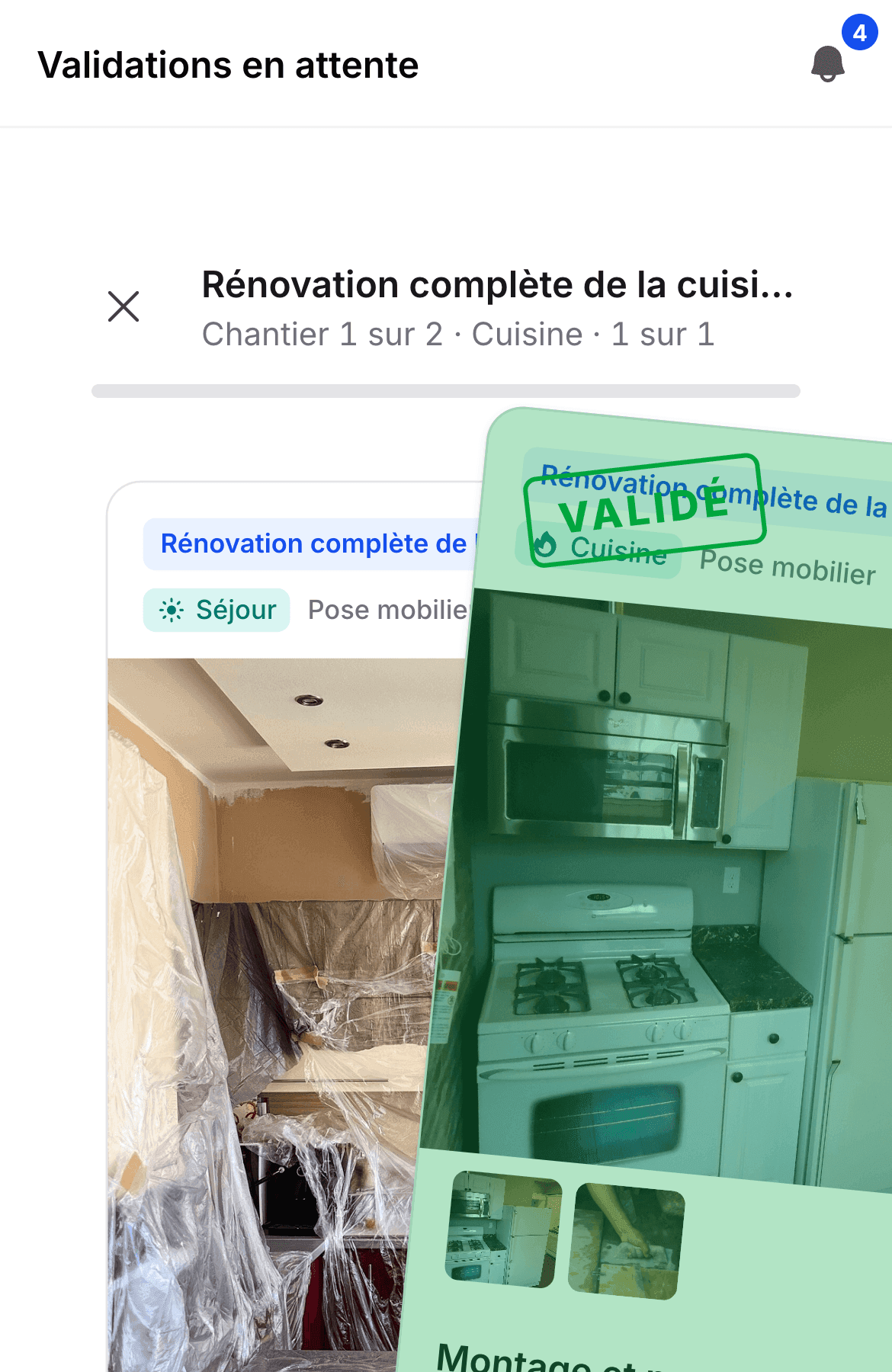 Écran « Validations en attente » : la carte d’une étape terminée, photos à l’appui, glissée vers la droite sous le tampon « Validé ».